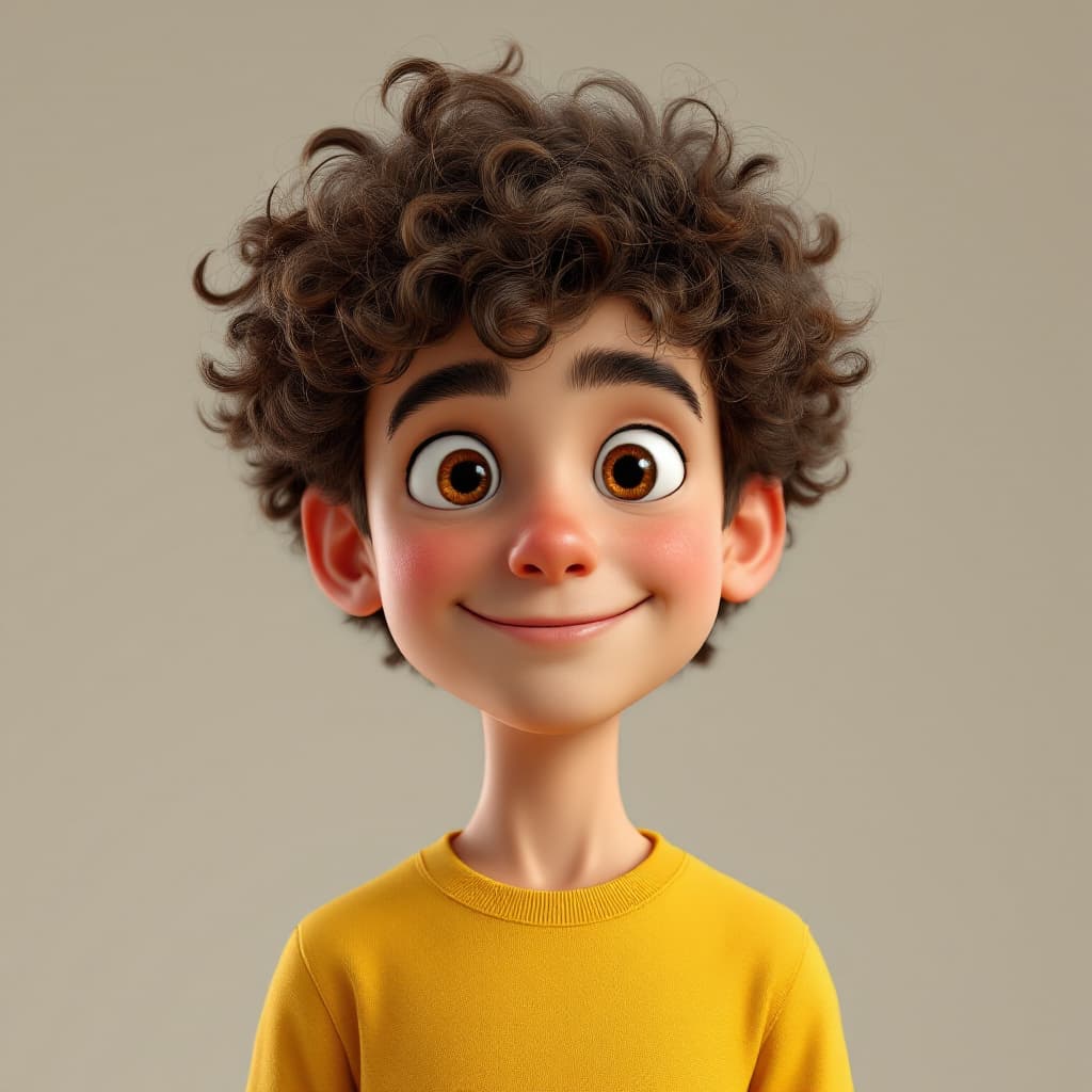 AI generated: a boy with curly hair and yellow shirt, in the style of rendered in cinema4d, charming characters, i...