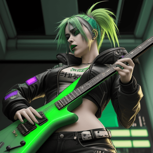 AI generated: High resolution, cyberpunk, female, rock star, electric guitar, colorful green hair, singing