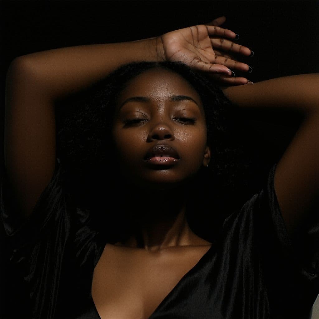 AI generated: a stunning young Black woman with deep emotional expression, arms raised above her head, hands in he...
