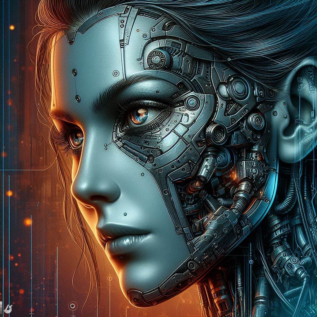 AI generated: cyber woman with cybernetic face and metal features