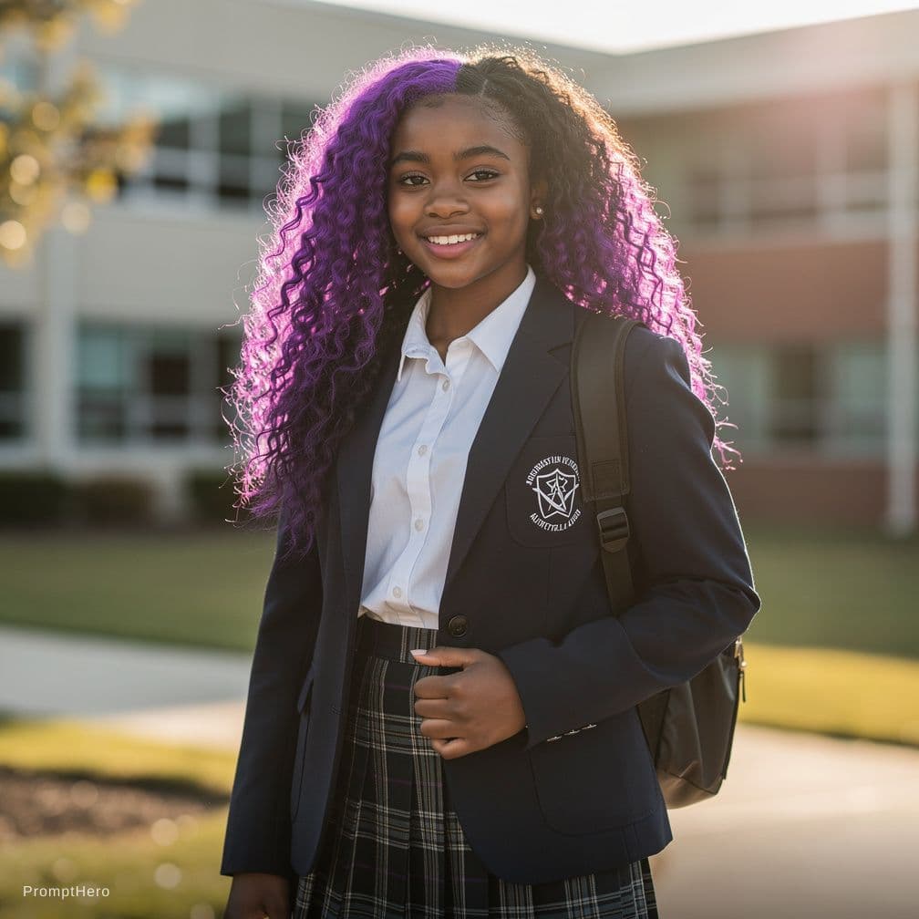 AI generated: A beautiful black girl, wearing a high school uniform. She has curly long hair, half black and half ...