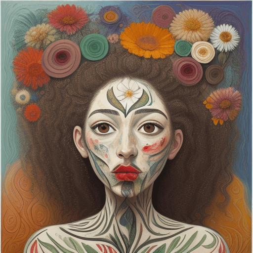 AI generated: abstract painting of woman face, flower printed skin, flower patterns on face, stem patterns, flower...