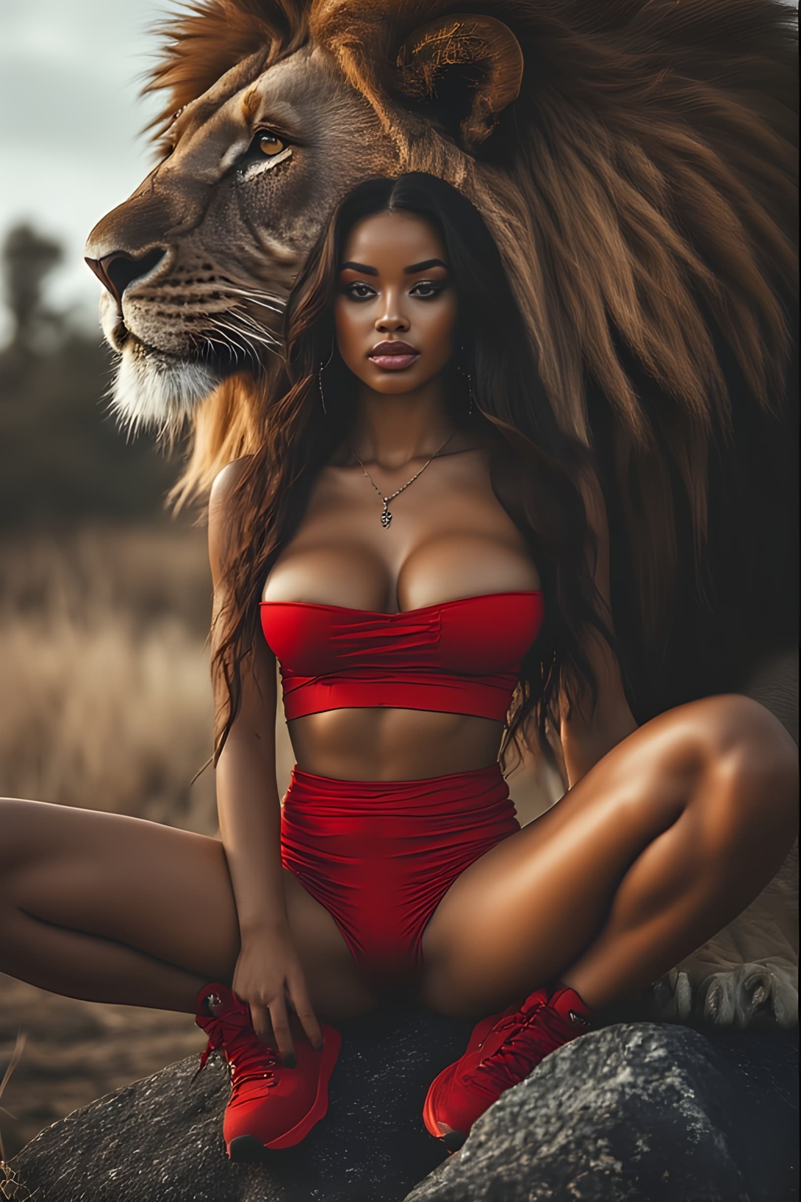 AI generated: A striking digital artwork showcases a dark-skinned woman, sitting cross-legged on a rock with her h...