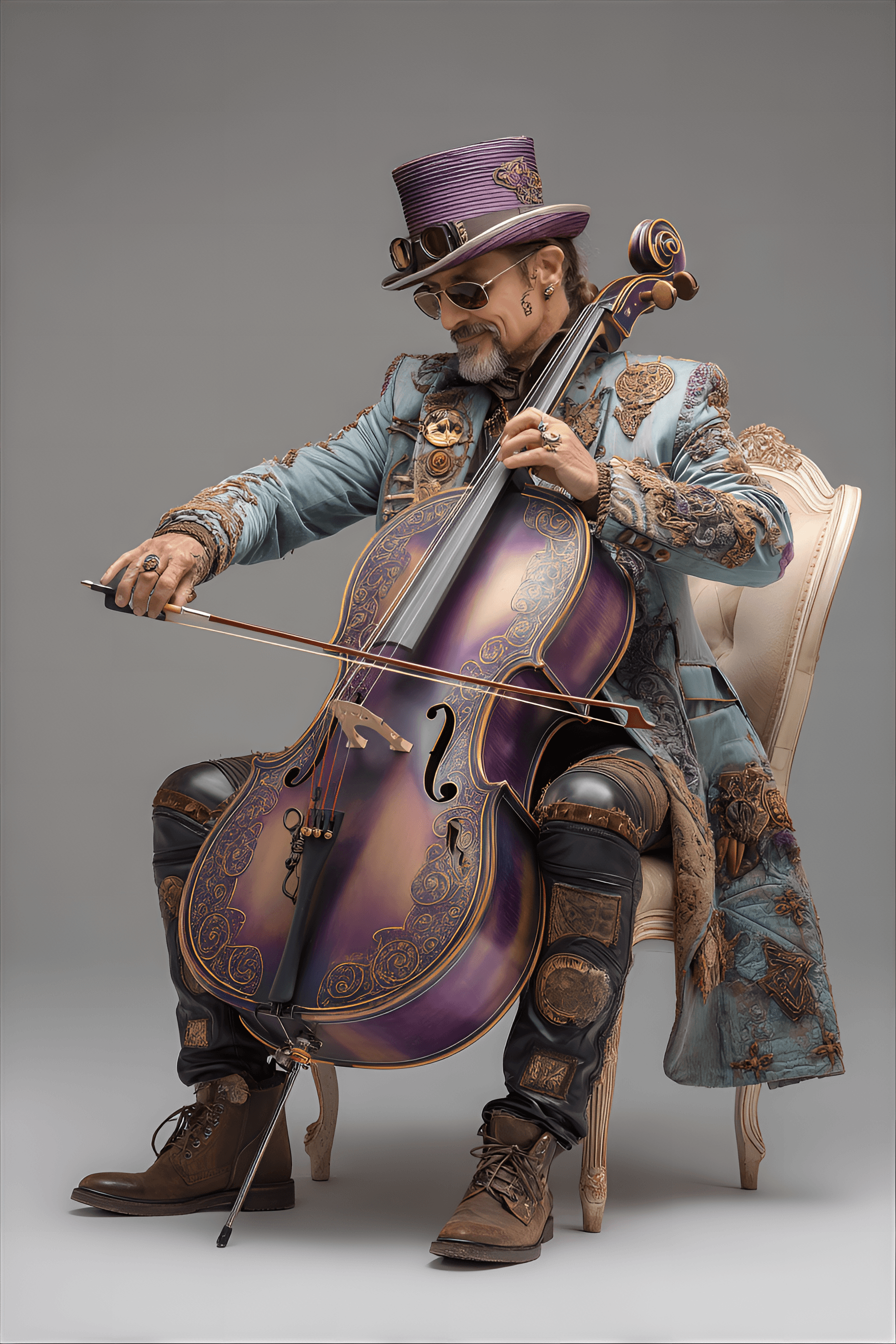 AI generated: middle-aged man, likely of European descent, is depicted playing a cello.He has dark hair, a trimmed...