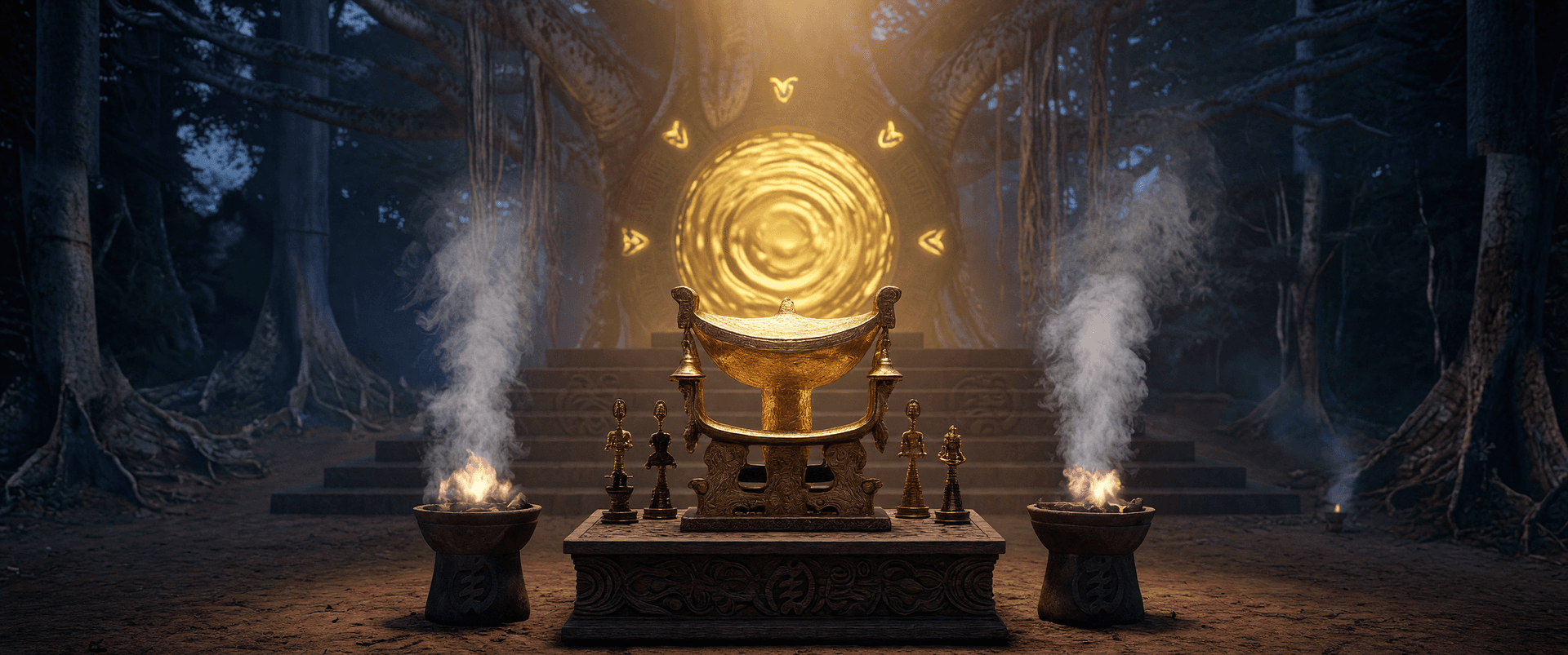 AI generated: HIGH DEFINITION REALISTIC RENDER of the Golden Stool 
of the Asante. Use the attached cutout image a...