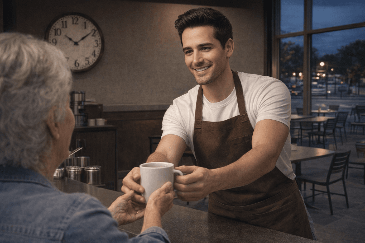 AI generated: At night. The model is a barista at a big coffee shop. He is behind the counter serving 1 customer. ...