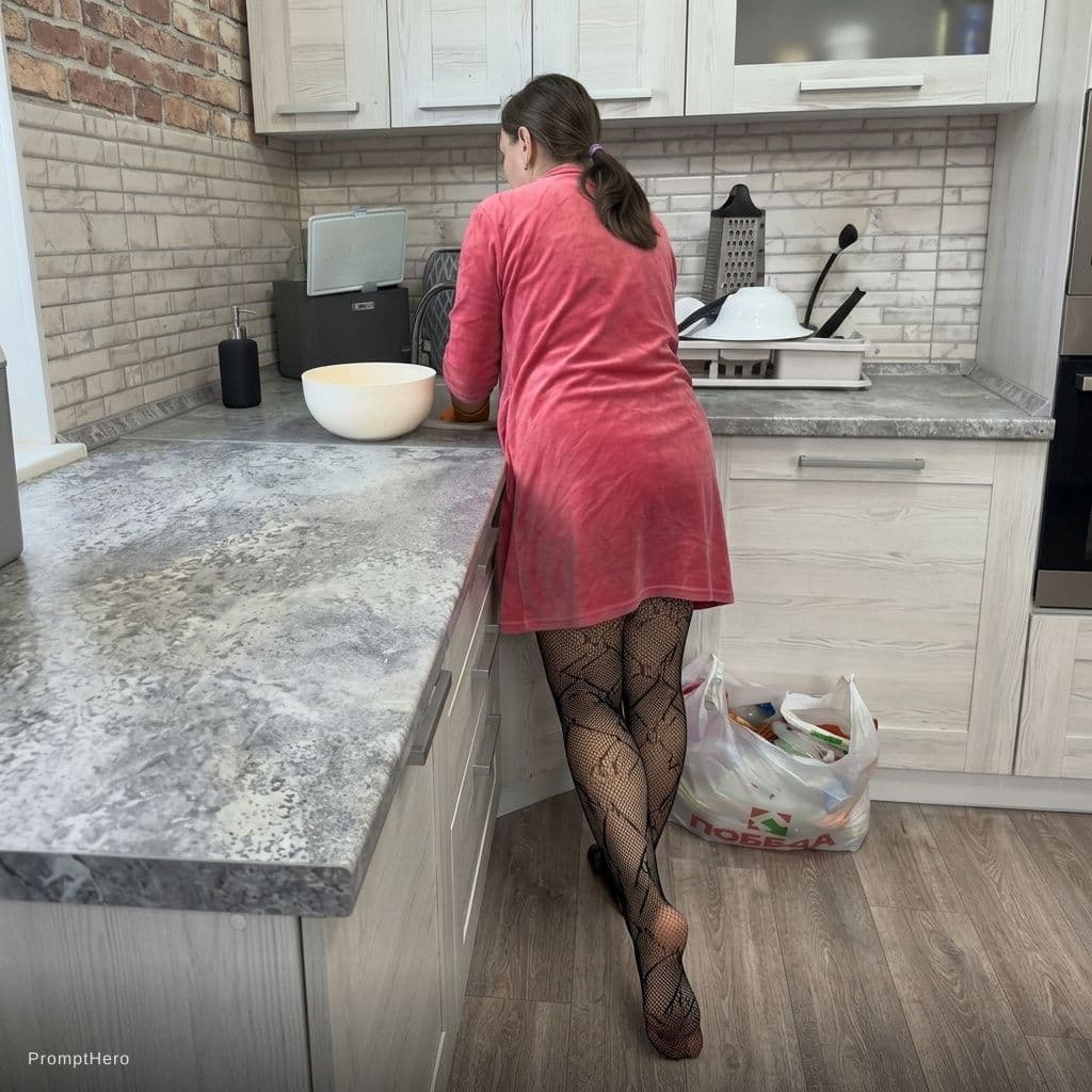 AI generated: A woman with long, light brown hair is standing with her back to the camera, leaning against a white...