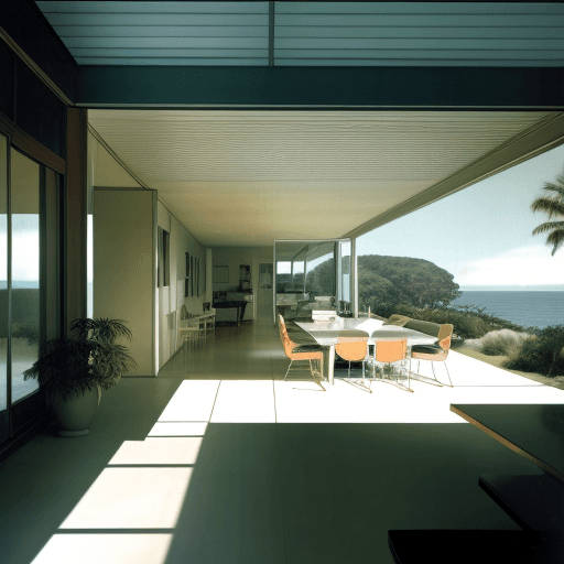 AI generated: Hyper realistic eye level exterior photo of a mid century modern style house overlooking the ocean, ...