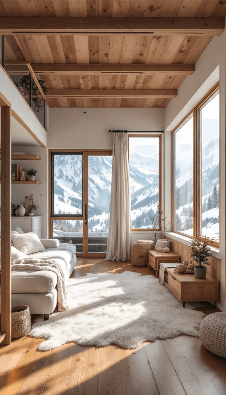 AI generated: photo of a tiny house with 2 floors, cozy white and wood interior, small space, minimalistic decor, ...