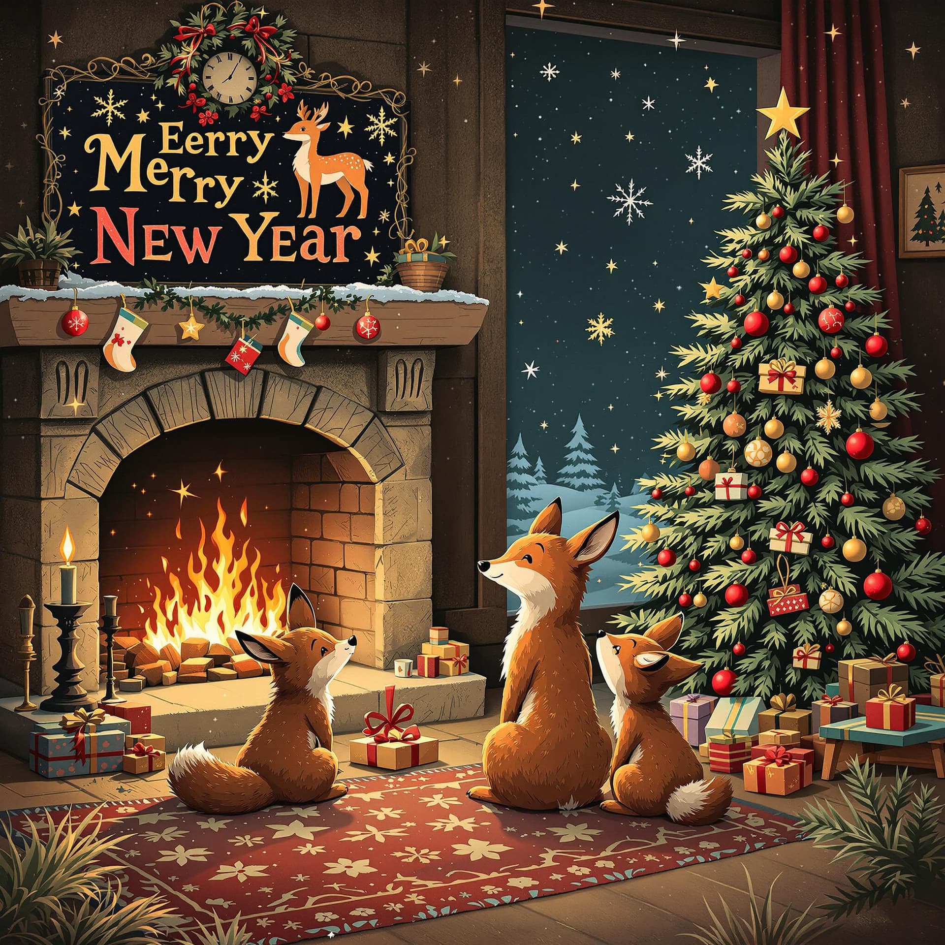 AI generated: in the style of movie poster, forest animals are sitting by the fireplace, waiting for the arrival o...