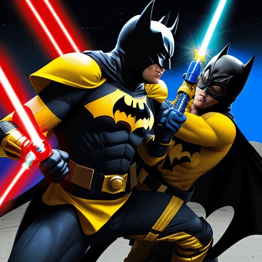 AI generated: YELLOW AND BLUE BATMAN a FIGHTS A BLACK MAN IN A RED ranger SUIT, WITH YELLOW GLOVES AND BOOTS , SUN...
