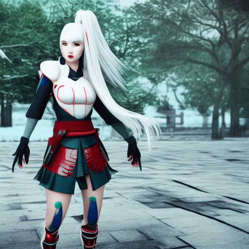 AI generated: fullbody photoshoot of samurai girl with snow white hair, unmasked, cyberpunk, outdoor, street, gree...