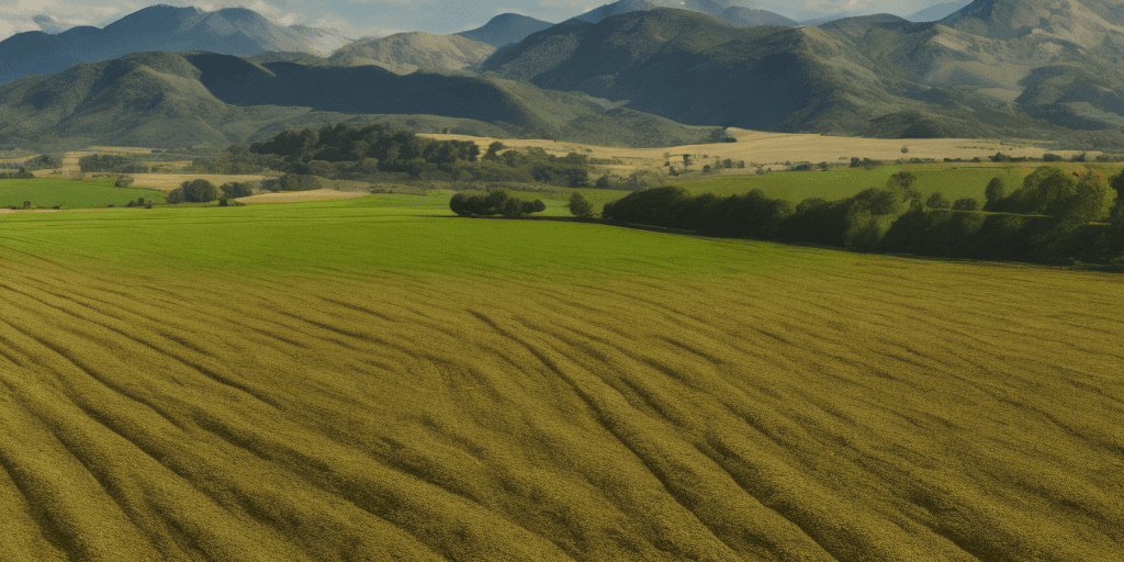 AI generated: flat style a sown field with trenches against the mountains  full hd 