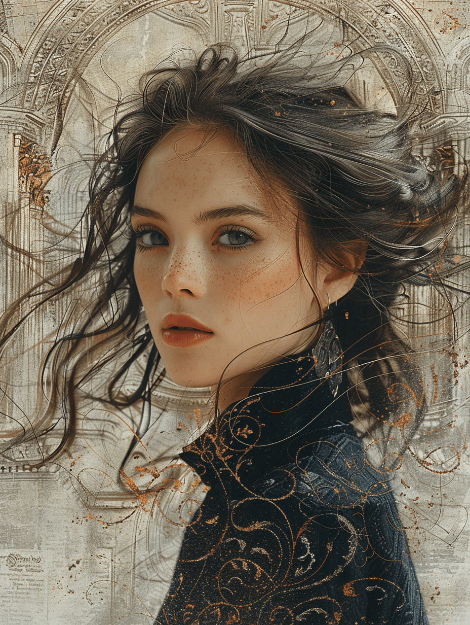 AI generated: digital art of a beautiful woman with hair blowing in the wind, the background is a collage of ancie...