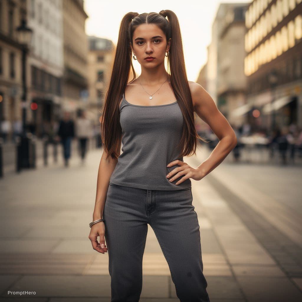 AI generated: Erotic photo of cute hipster woman with pretty facial features in solo pose, long brown hair in high...