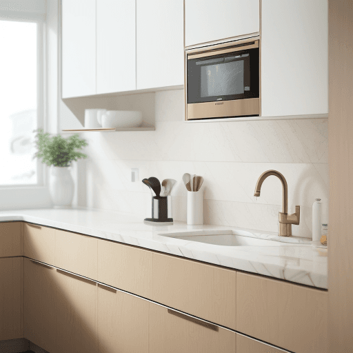 AI generated: modern kitchen, sleek eggshell light beige finishes, with a beige and wood, white marble, EF 24mm f/...