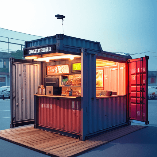 AI generated: design shipping container converted into a hamburger sales booth tailored for Moto Gp theme , Hassel...