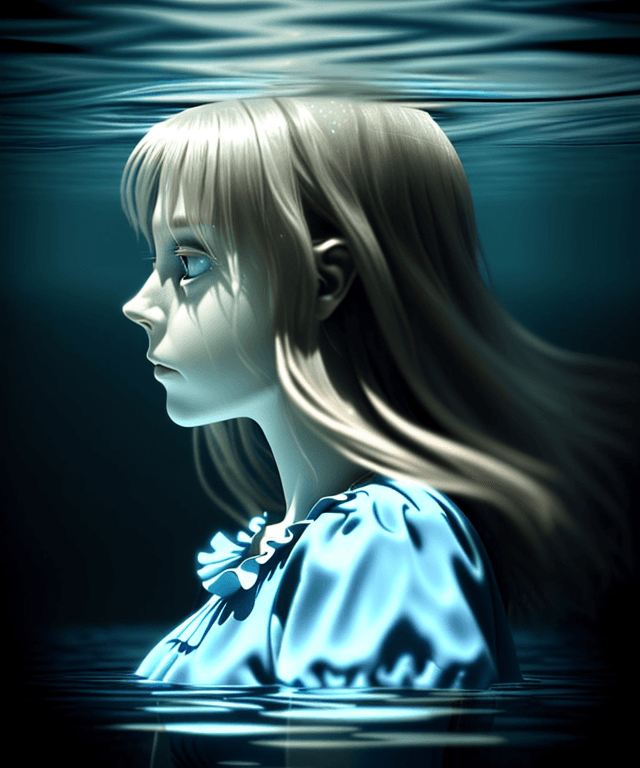 AI generated: alice  floating under water e, realistic and not creepy, she is seen from her profile
 