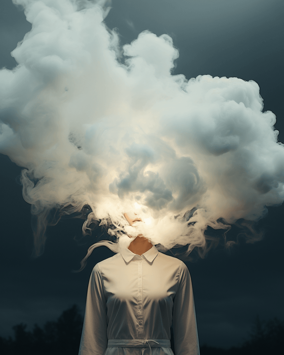 AI generated: a woman with smoke coming out of her head, by Matthias Weischer, surrealism, glowing clouds, her fac...