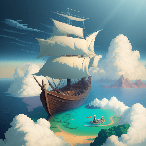 AI generated: 
16 bit pixel art, epic composition of a explorer in a boat reaching an island in the clouds, by stu...