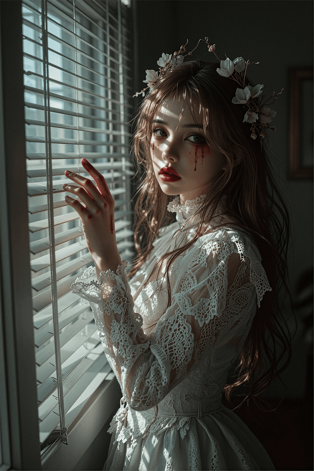 AI generated: capturing the haunting "Gothic horror" aesthetic, the intricate Victorian lace textures, and the dra...