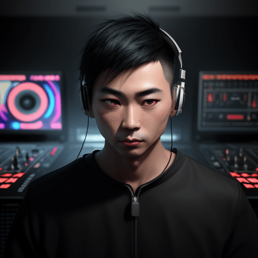 AI generated: create image asian man, short hair, no bread, black eyes, with headphones, DJ, a music studio in bac...