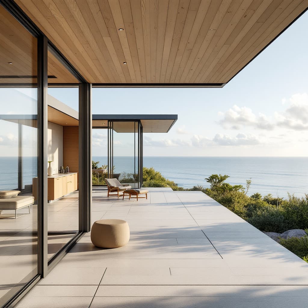 AI generated: Hyper realistic eye level exterior photo of a mid century modern style house overlooking the ocean, ...