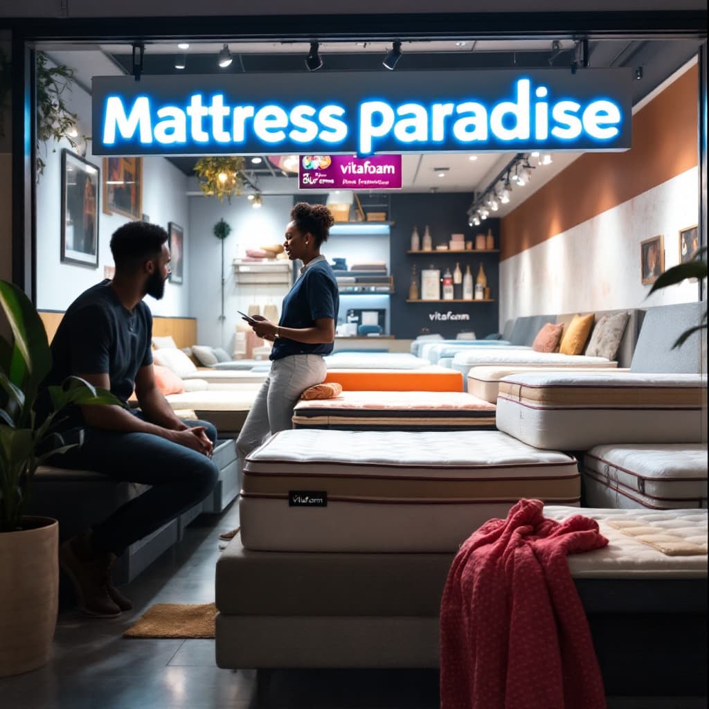 AI generated: A " Mattress Paradise" shop outlet with a nigeria customer negotiating a price of vita supreme mattr...