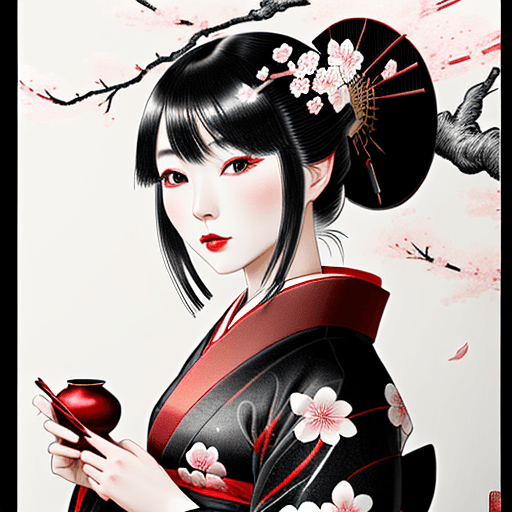 AI generated: black ,red and white Japanese iridescent ink drawing, beautiful Japanese woman in a traditional cher...