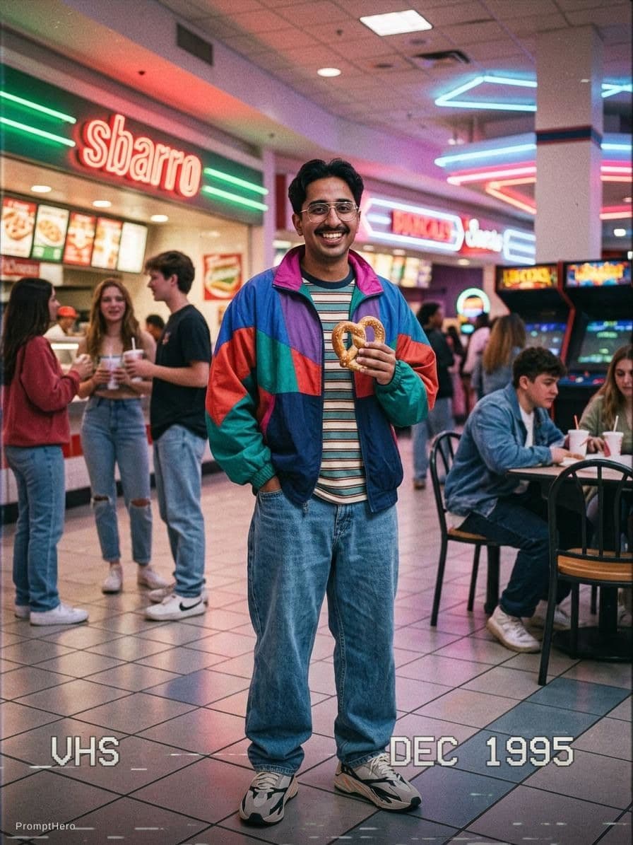 AI generated: Kooky portraits of 90’s mall teens in retro clothing, shot on VHS