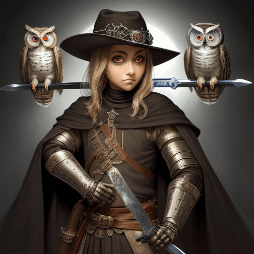 AI generated: humanoid owl, medieval ranger, large eyes, ghostly swords