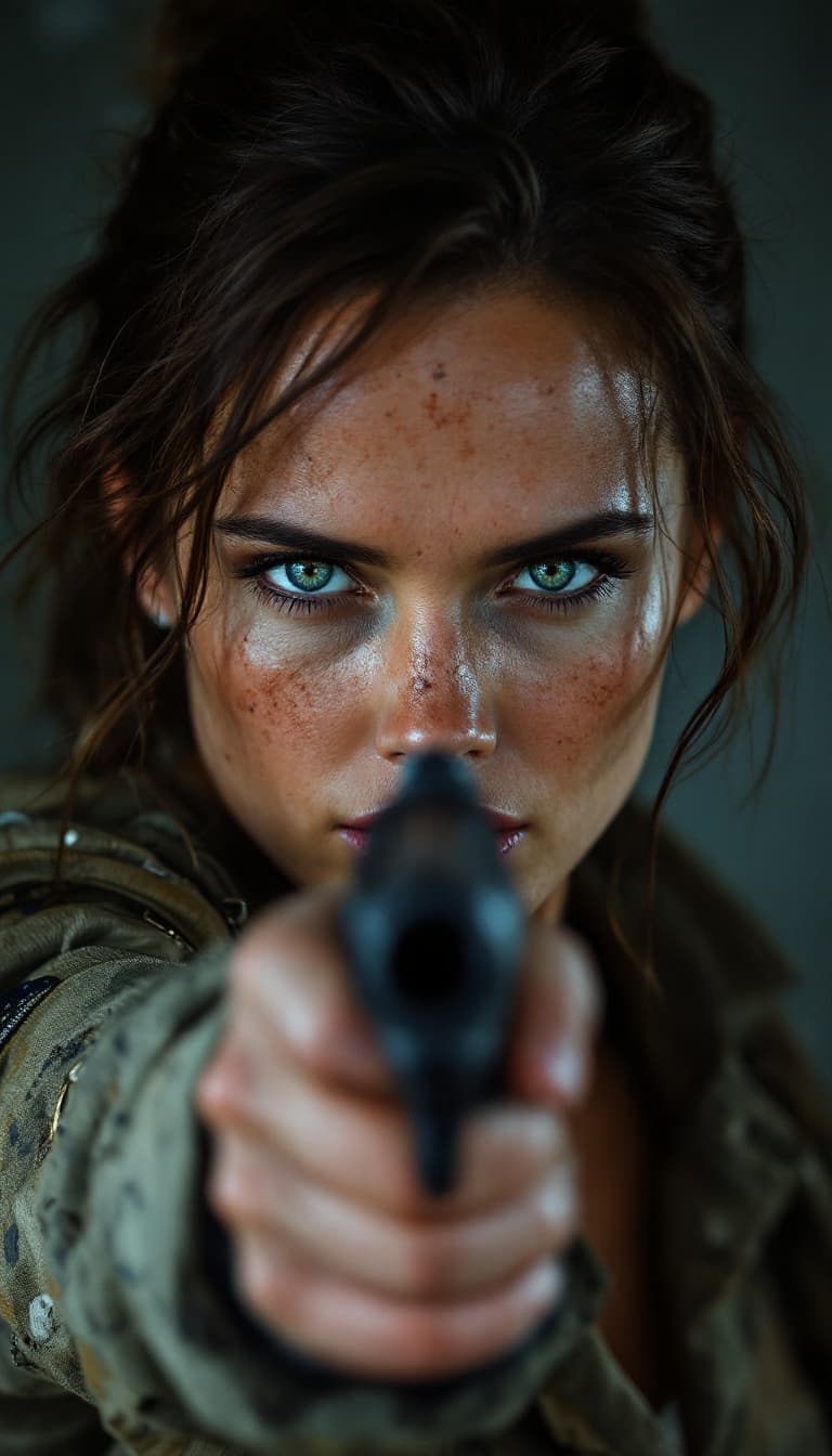 AI generated: hayley atwell female marine, dirty skin, gunatyou, gun, aiming at viewer, holding gun, to8contrast s...
