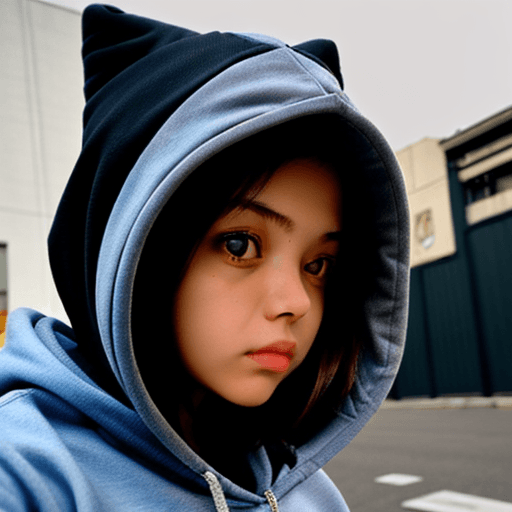 AI generated: Girl with hoodie, low angle view, front view
