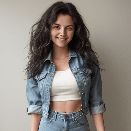 AI generated: An image of a woman with voluminous wavy hair, standing confidently and smiling at the camera. She i...
