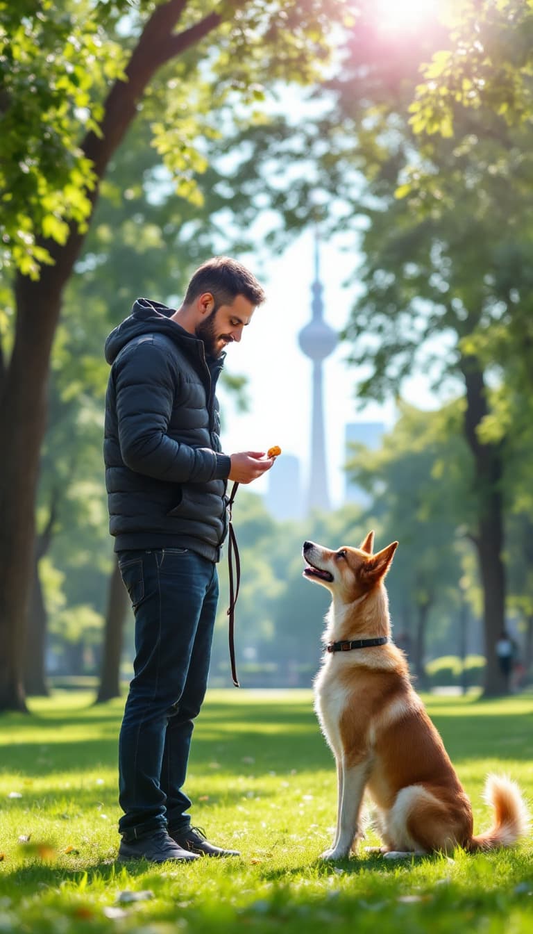 AI generated: A man is training his dog in a park in Tehran. He holds a small treat in his hand, using it to guide...