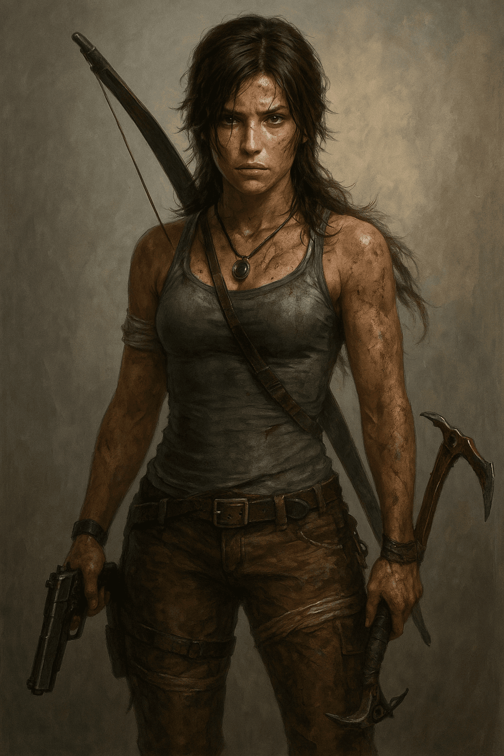 AI generated: Tomb Raider Lara Croft Egy elszánt női karakter magabiztosan áll, testhezálló szürke felsőben és mas...