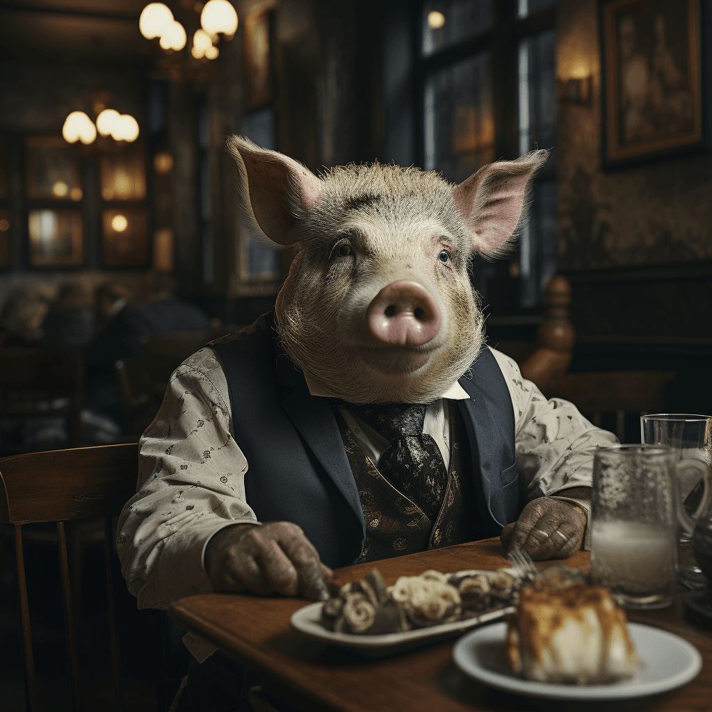 AI generated: pig dining in a restaurant