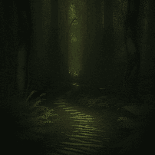 AI generated: Photo of a ultra realisticnarrow path into a tall forest with vines and light, photo 35 mm jwst high...