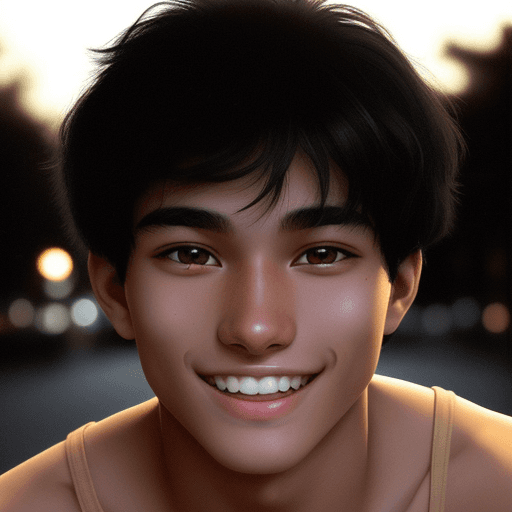 AI generated: photo of 21 years old John, black hair, tan skin, happy, beautiful hazelnut eyes, hard shadows, dark...
