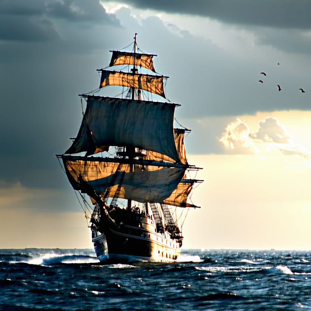 AI generated: Photo of a ultra realistic sailing ship, dramatic light, pale sunrise, cinematic lighting, battered,...