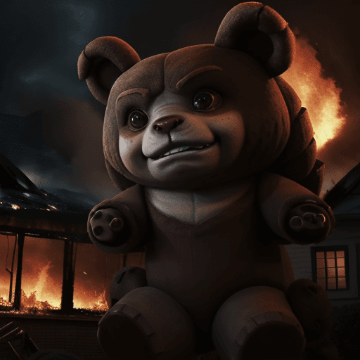 AI generated: Annie and tibbers on front, annie cry for her house burning, tibbers is big, chaos on fire, HD, 8k