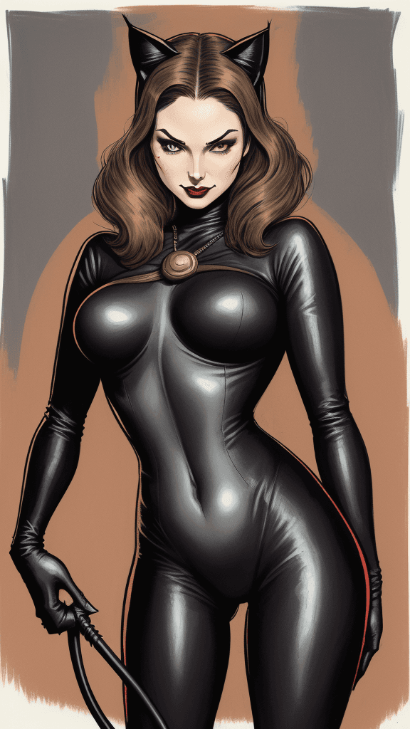 AI generated: a drawing of a catwoman, in the style of adventure pulp, dark white and bronze, mottled, yup'ik art,...