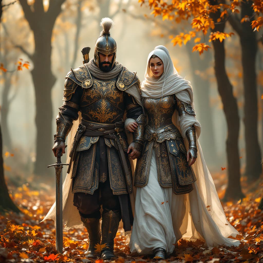 AI generated: A very realistic image of an Iranian warrior couple with Iranian armor of the Achaemenids who walk t...
