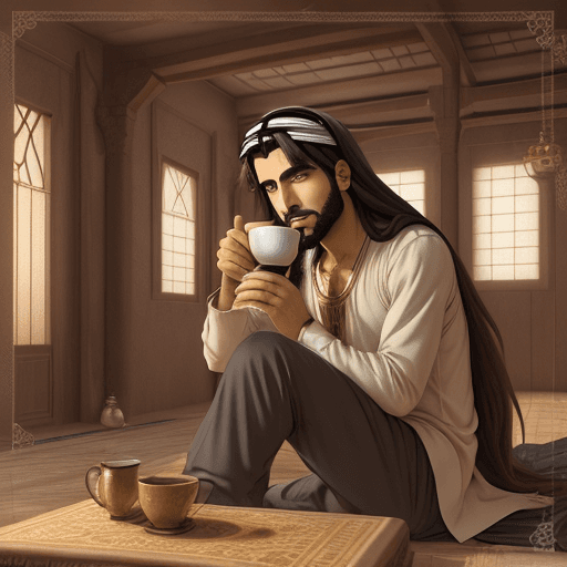 AI generated: arabic man, sitting in his old house, face, 23years old, drinking arabic coffe, anime style, long ha...