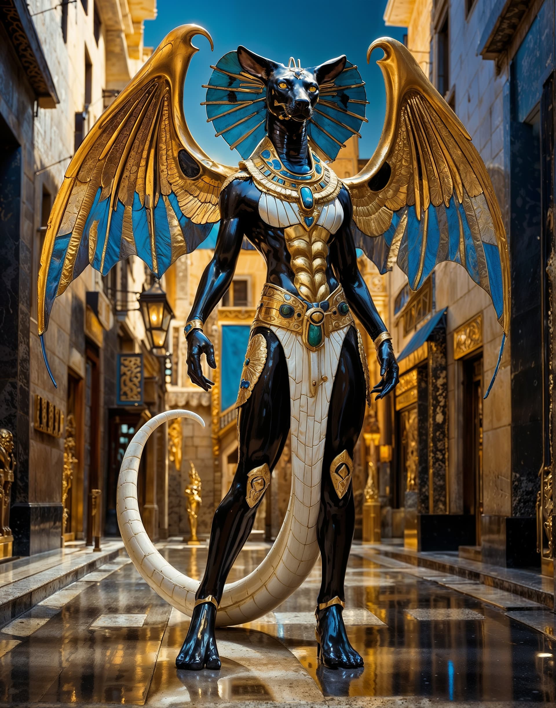 AI generated: A majestic regal Anubis, half-human, half-jackal, adorned in opulent gold and shimmering onyx, with ...