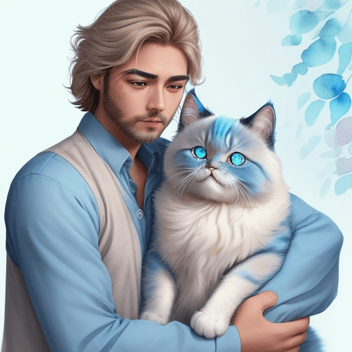 AI generated: https://ibb.co/bJg55bF, https://ibb.co/YXHsy6S, Realistic, human male and cat, himalayan cat, blue c...