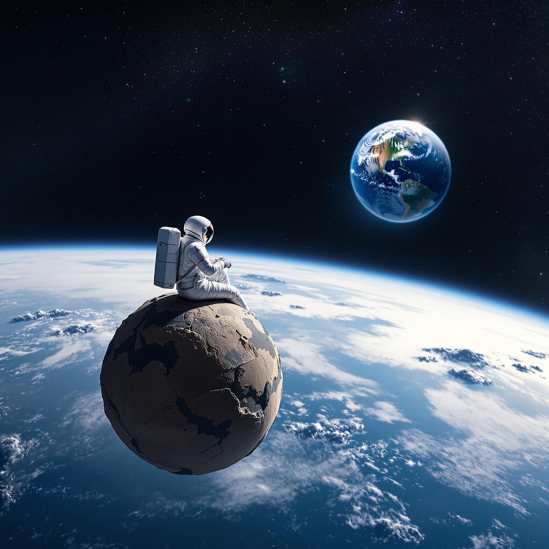 AI generated: An astronaut sitting on a miniature planet, in space, looking at the earth.