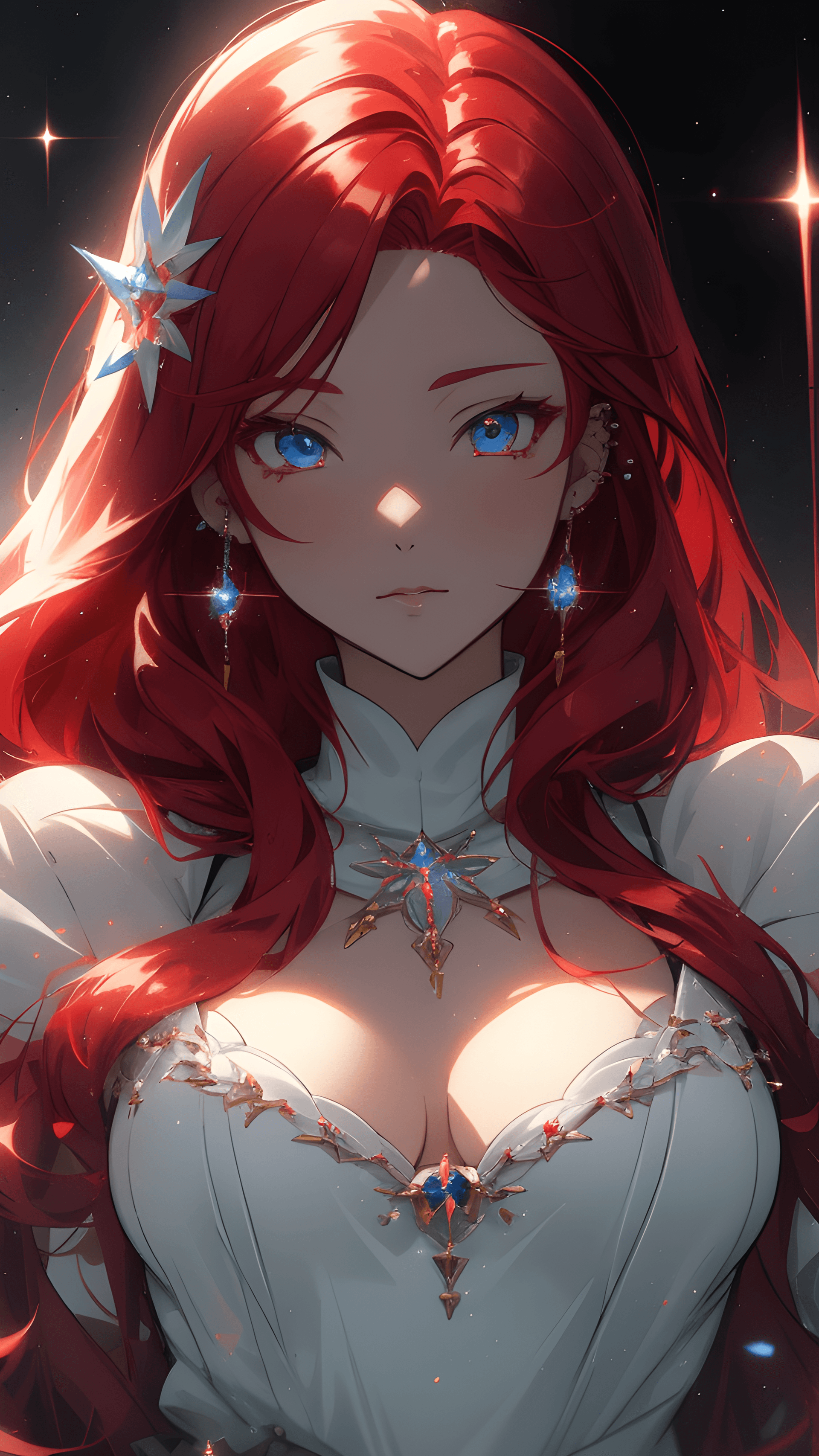 AI generated: a woman with red hair wearing a white dress, an anime drawing, inspired by Ross Tran, fantasy art, w...