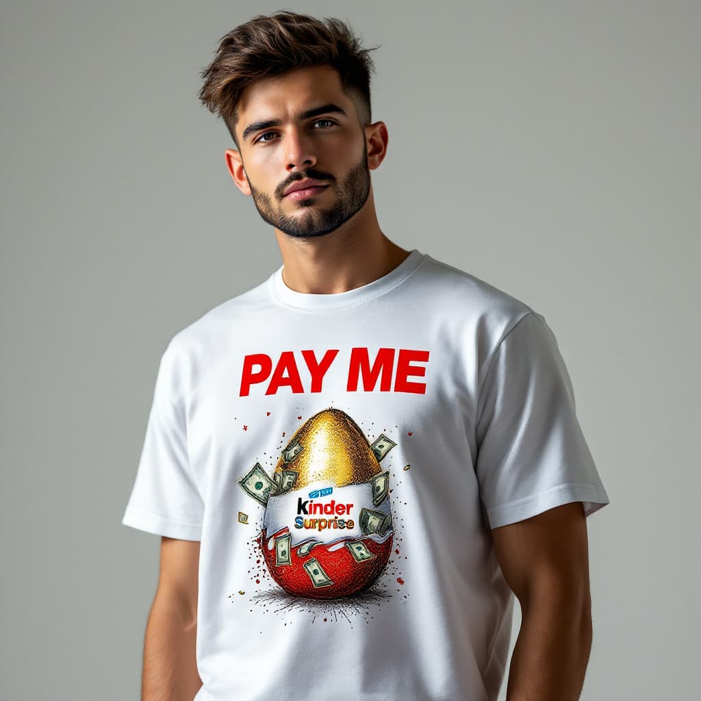 AI generated: Photorealistic photoshoot for fashion catalog of clothing brand [PAY ME]. Model in modern stylish wh...