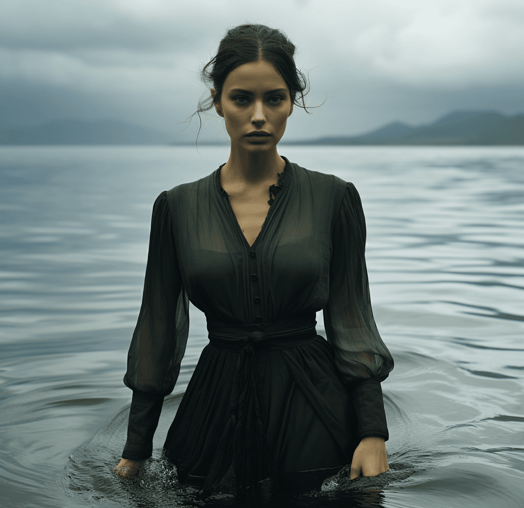 AI generated: woman in black walking in the water, in the style of ethereal escapism, elegant, emotive faces, mela...